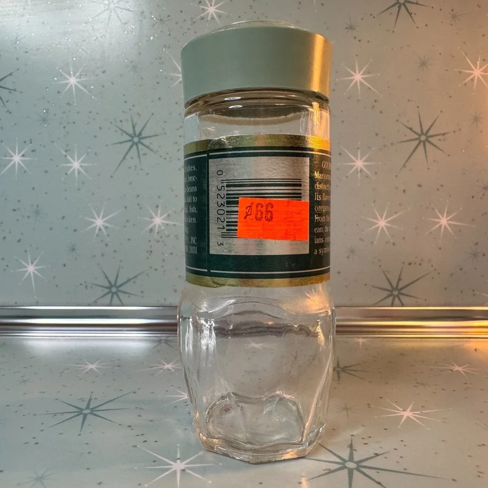Vintage McCormick Marjoram Jar Green Label Lid Glass Spice Bottle Retro Kitchen